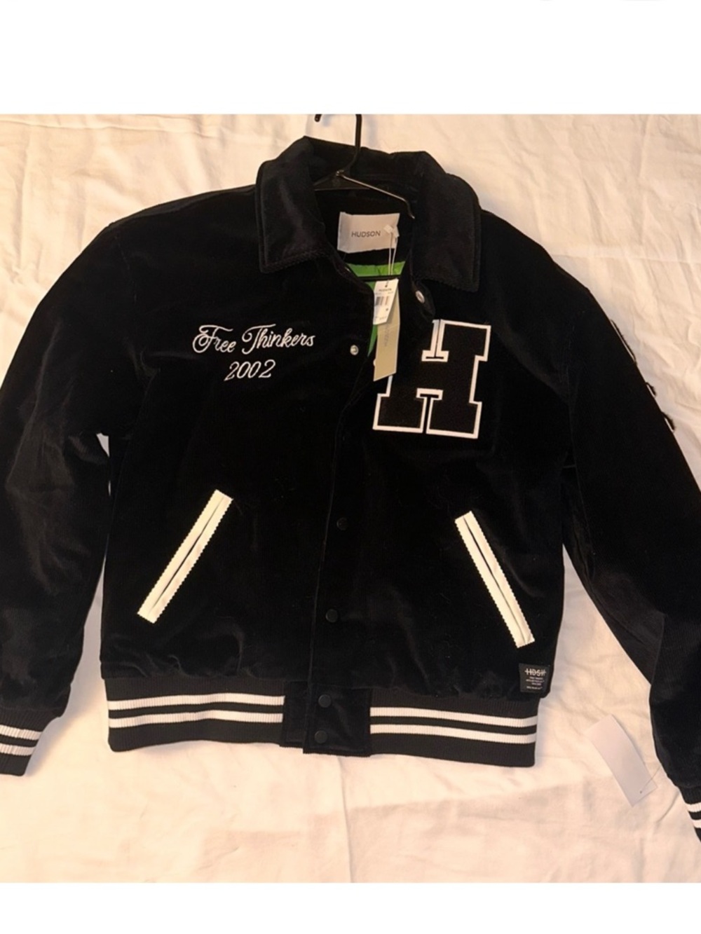 Hudson Jeans Black Corduroy Letterman Jacket with White Piping - Picture 3 of 3